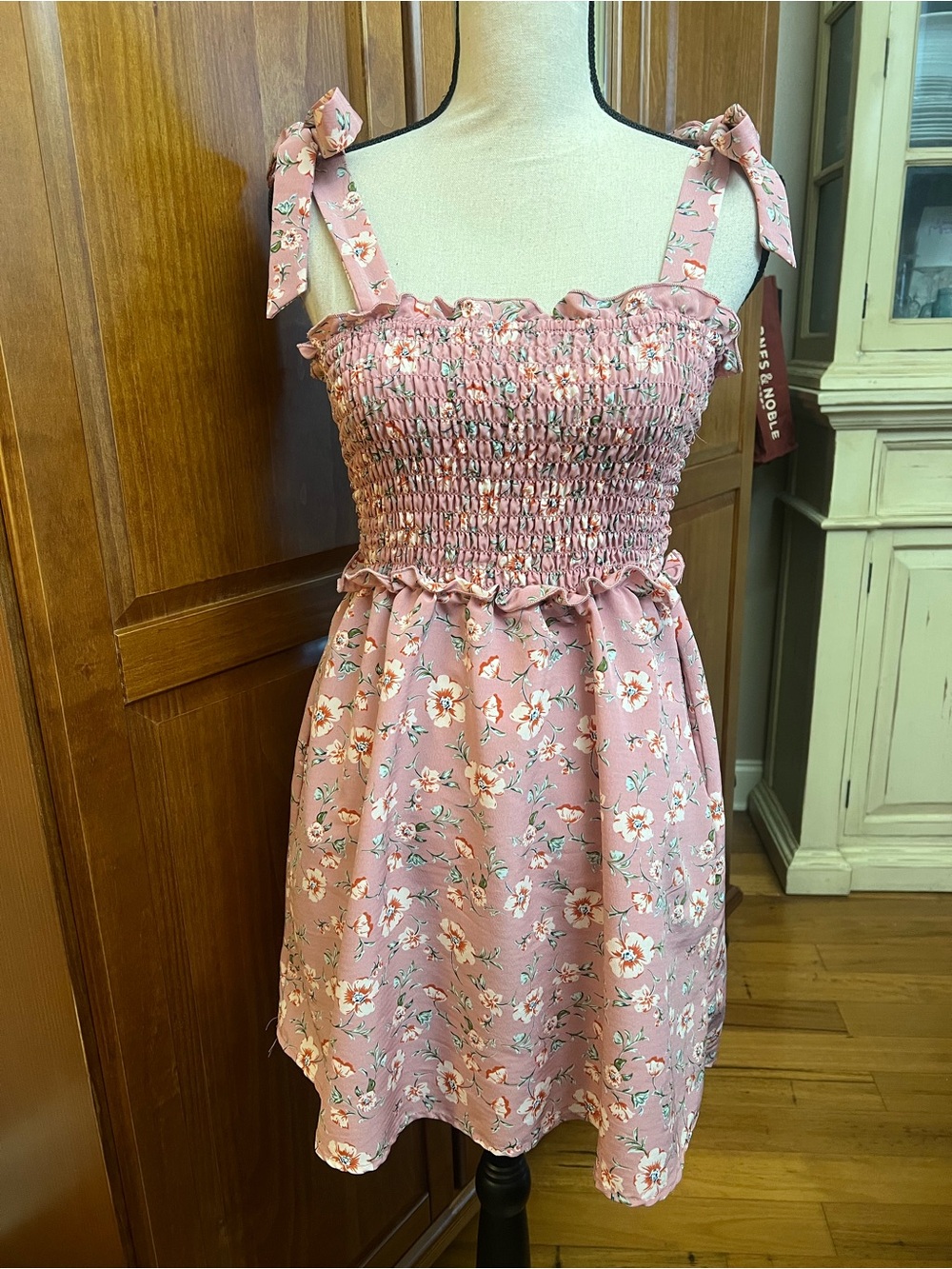 As U Wish Rose Pink Floral Smocked Mini Dress with Tie Straps